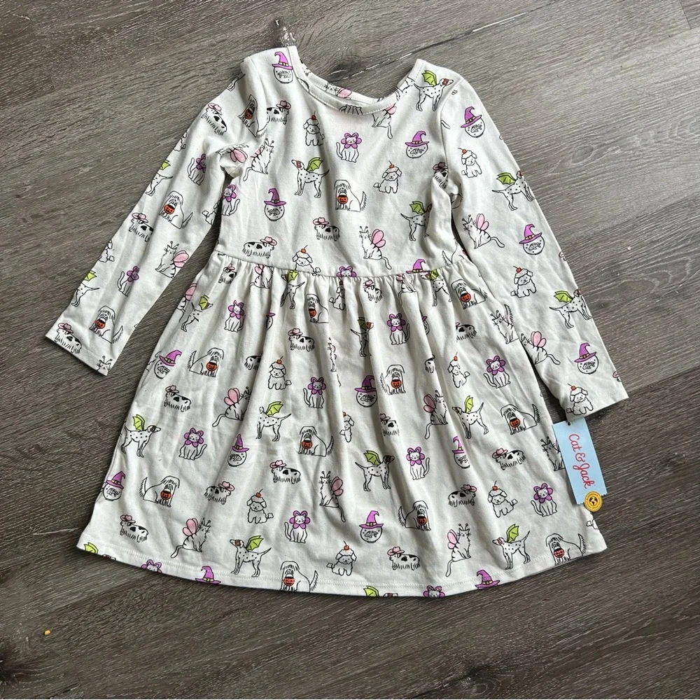 NWT Kids Girls 5T Cat & Jack Halloween Dog Cat Long Sleeve Cotton Blend Dress